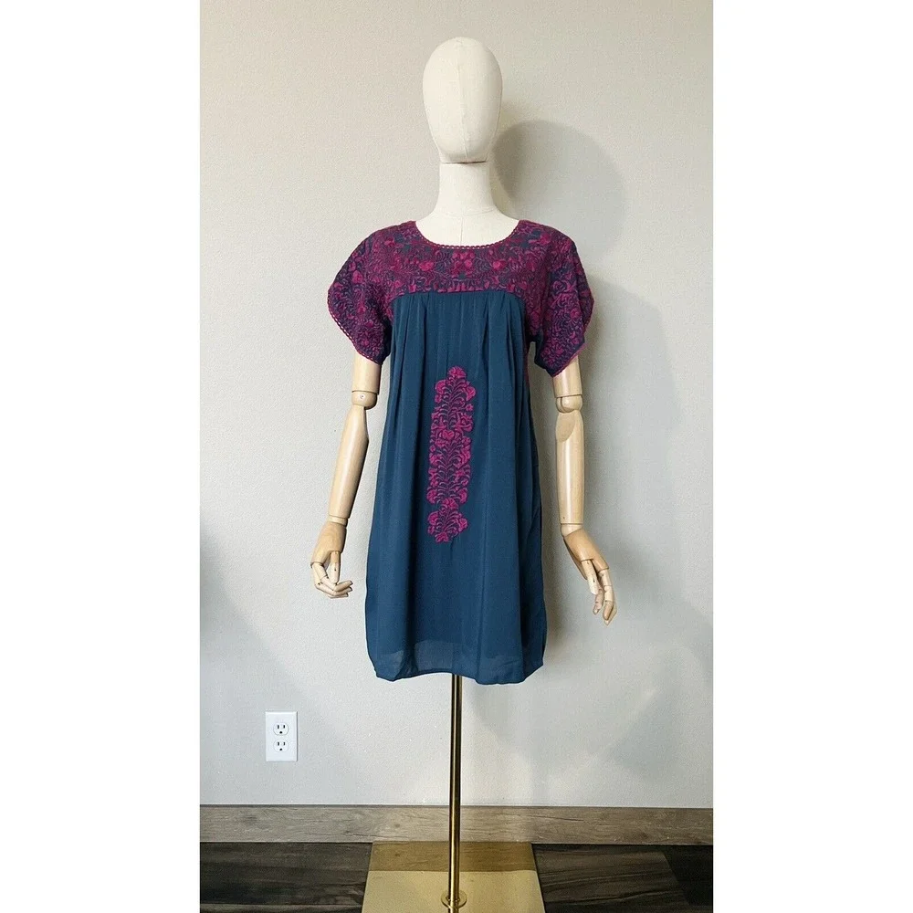 BuddyLove Buddy Love Embroidered Carolina Dress Navy Magenta Rayon Boho Size XS - Picture 2 of 16